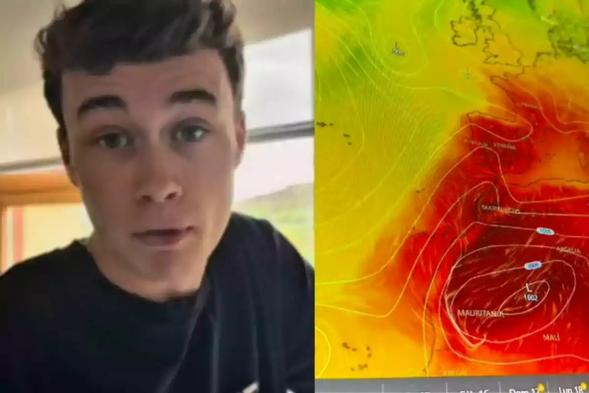Joven con camiseta oscura junto a un mapa meteorológico con colores cálidos y líneas de presión. Joven con camiseta oscura junto a un mapa meteorológico con colores cálidos y líneas de presión.