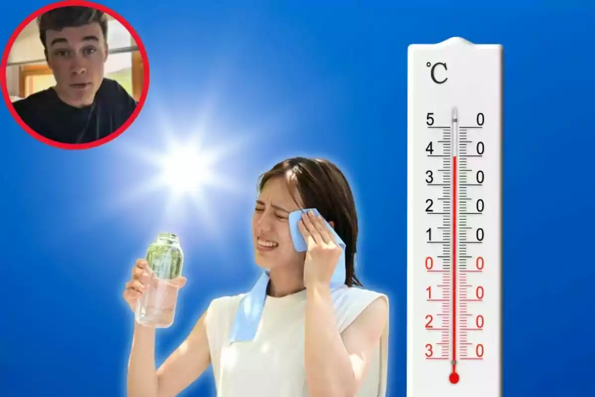 Dona eixugant-se la suor amb una tovallola i sostenint una ampolla d’aigua sota un sol intens al costat d’un termòmetre que marca una temperatura alta i un requadre amb el rostre d’un jove a la cantonada superior esquerra Dona eixugant-se la suor amb una tovallola i sostenint una ampolla d’aigua sota un sol intens al costat d’un termòmetre que marca una temperatura alta i un requadre amb el rostre d’un jove a la cantonada superior esquerra