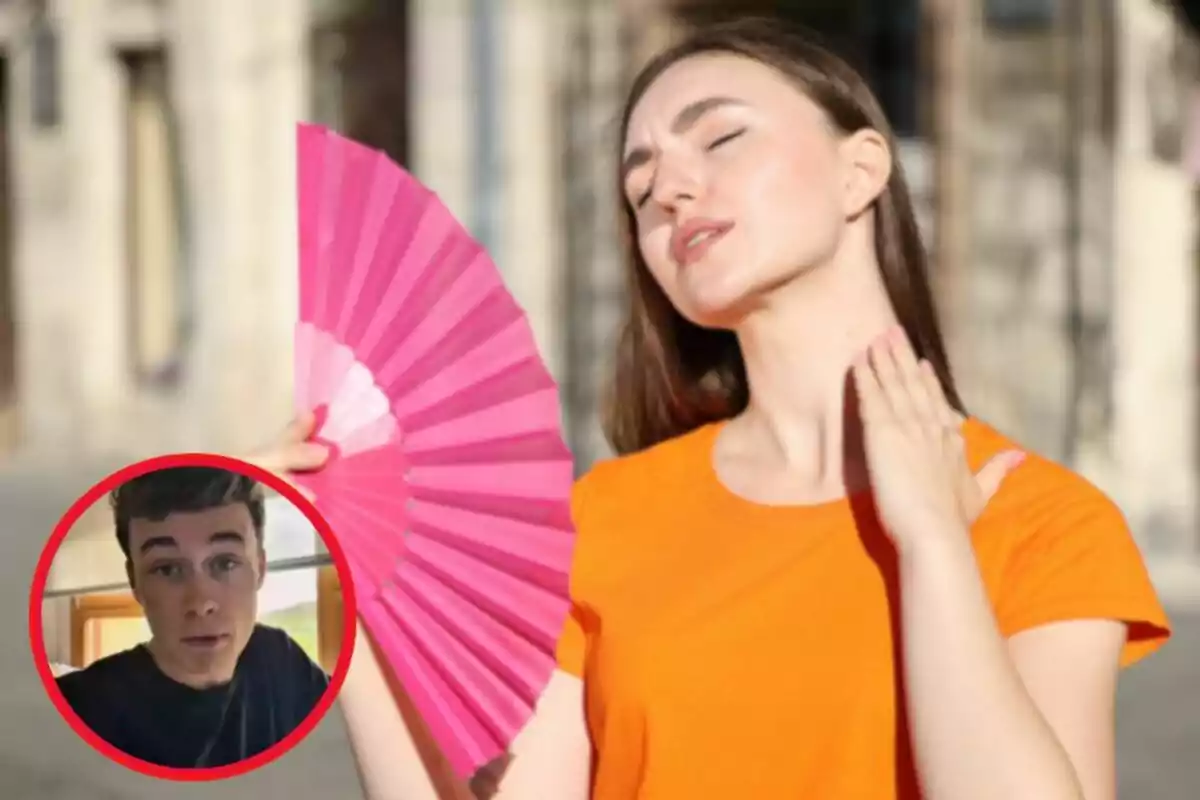 Mujer con camiseta naranja abanicándose con un abanico rosa mientras parece sentir calor y en la esquina inferior izquierda aparece un recuadro con el rostro de un joven Mujer con camiseta naranja abanicándose con un abanico rosa mientras parece sentir calor y en la esquina inferior izquierda aparece un recuadro con el rostro de un joven