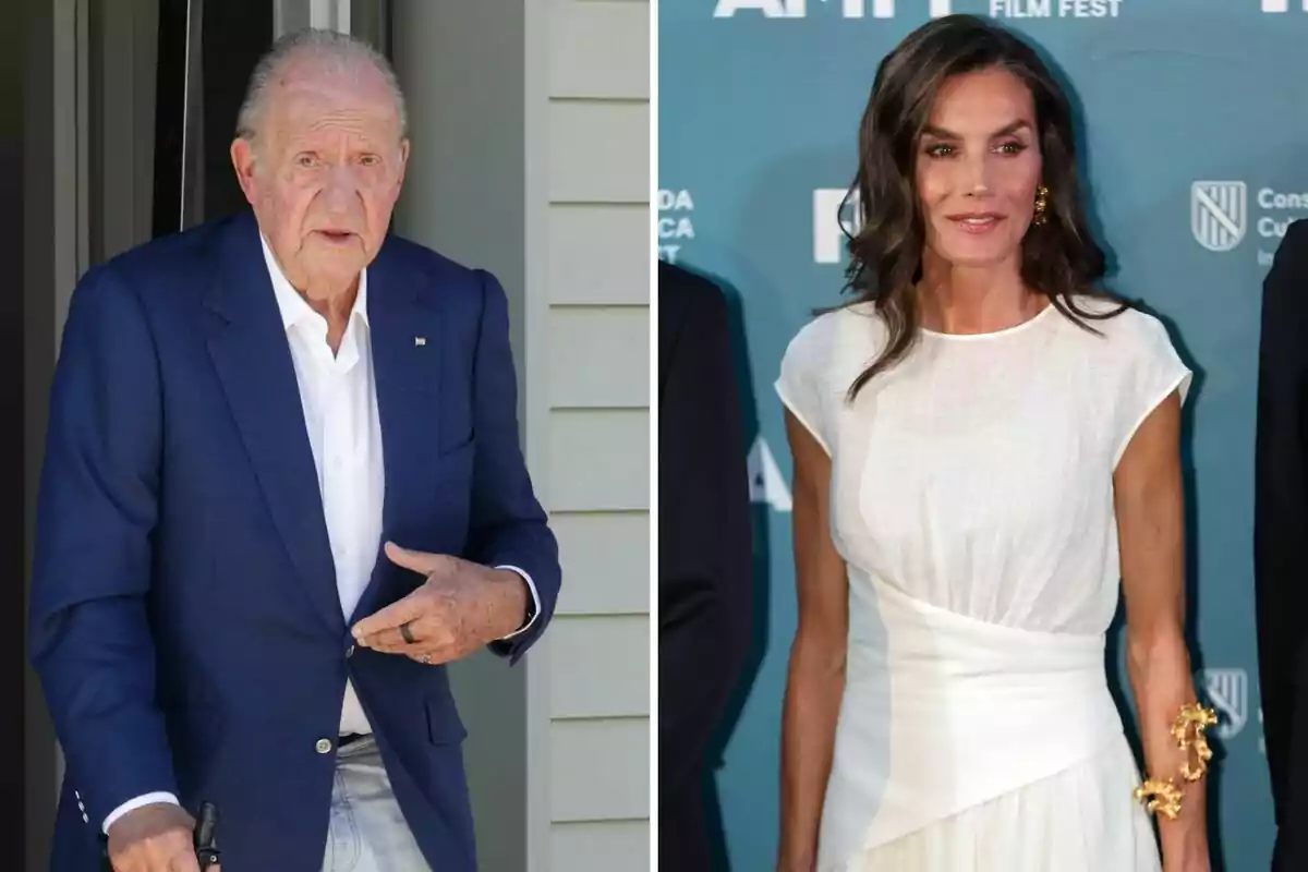 Joan Carles I amb americana blava i camisa blanca està dret a l’aire lliure, al costat de la reina Letícia amb vestit blanc que posa en un esdeveniment amb fons blau. Joan Carles I amb americana blava i camisa blanca està dret a l’aire lliure, al costat de la reina Letícia amb vestit blanc que posa en un esdeveniment amb fons blau.