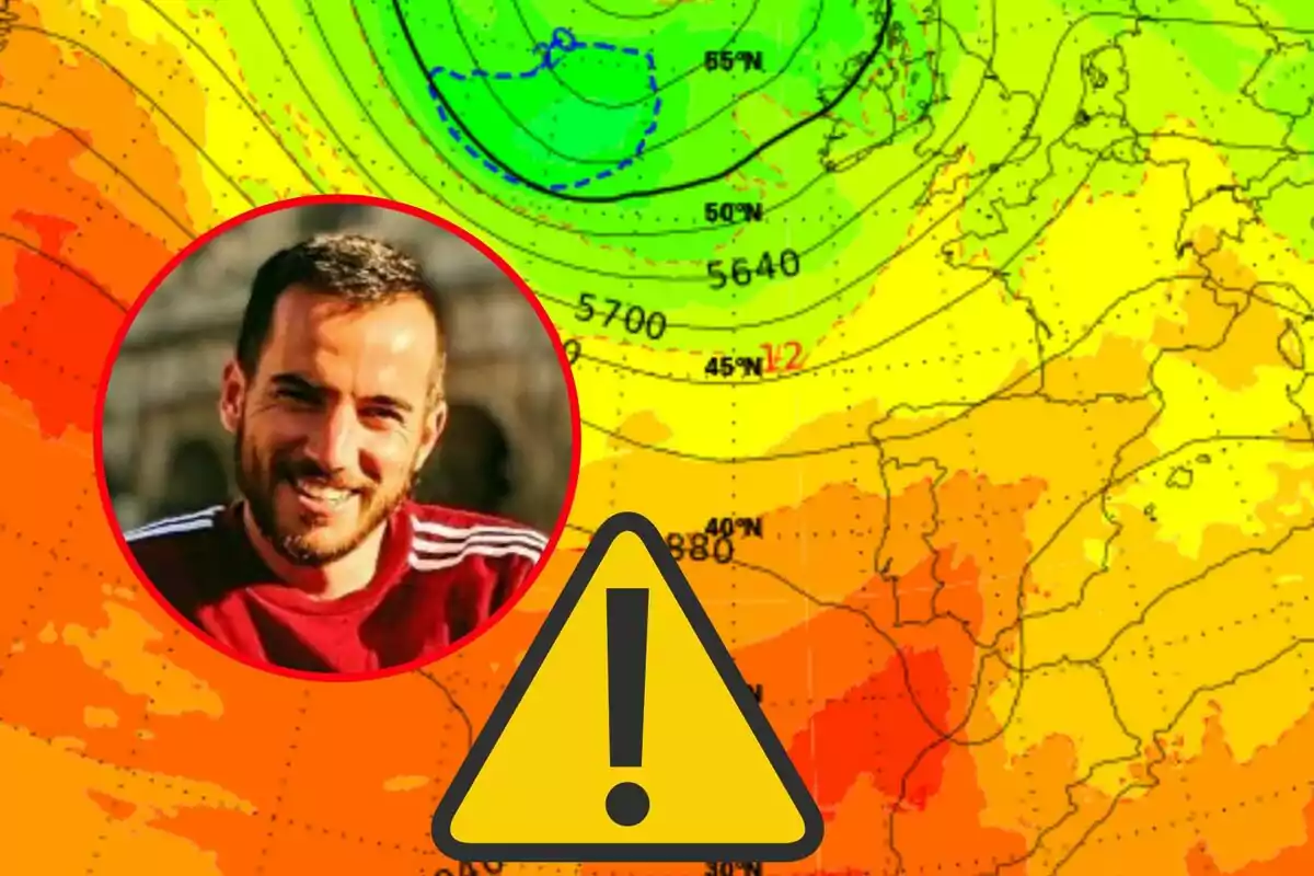 Mapa meteorológico de temperaturas con colores cálidos, un recuadro con la foto de Juan JJesús González Alemán sonriente y un icono de advertencia amarillo con un signo de exclamación en el centro