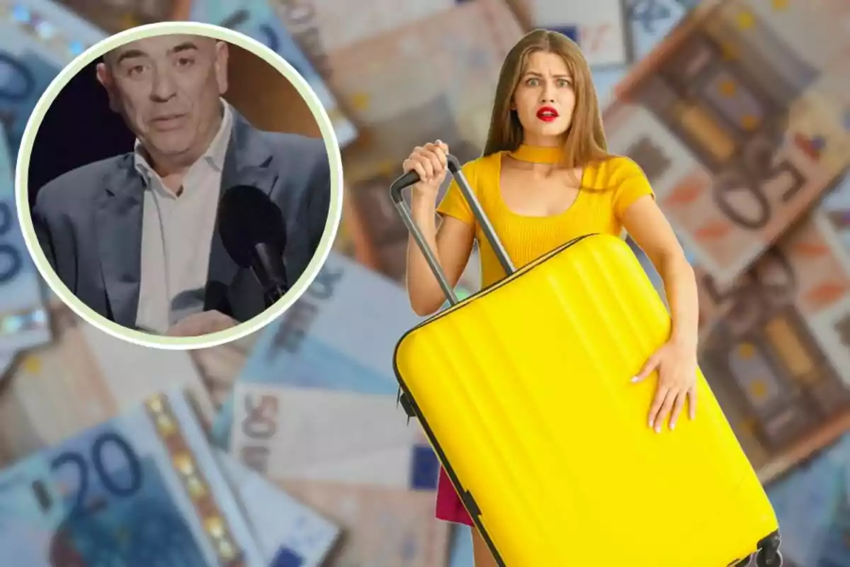 Dona amb expressió de sorpresa sosté una maleta groga davant de bitllets d’euro i un requadre mostra un home amb vestit parlant davant d’un micròfon.