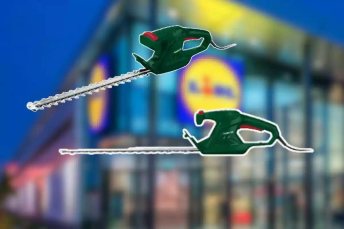 Two green electric hedge trimmers with red details appear against a blurred background of a store with the Lidl logo.