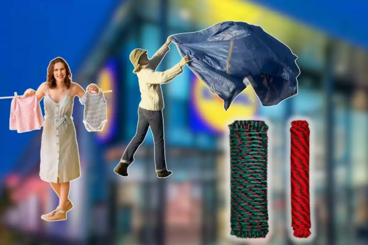 Two women using ropes to hang clothes and secure a tarp next to two rolls of rope against a blurred background of a store. Two women using ropes to hang clothes and secure a tarp next to two rolls of rope against a blurred background of a store.