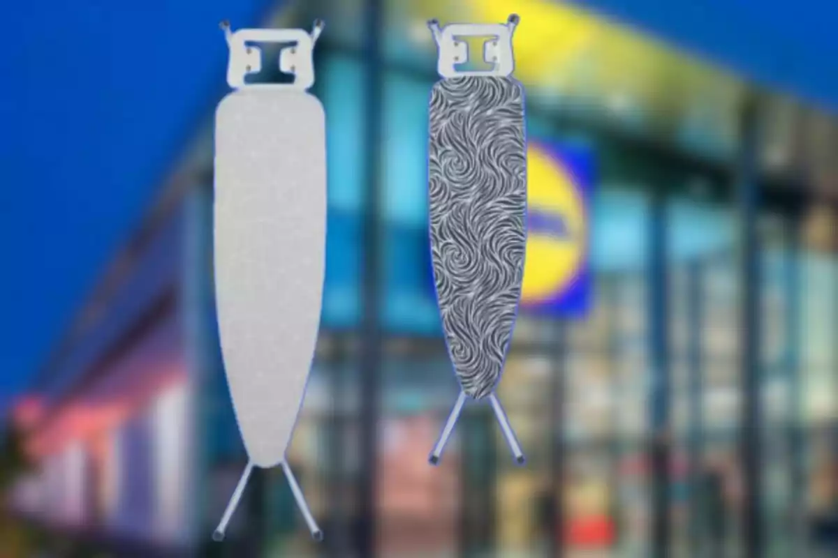 Two ironing boards with different covers are in front of a store with a blurred background. Two ironing boards with different covers are in front of a store with a blurred background.