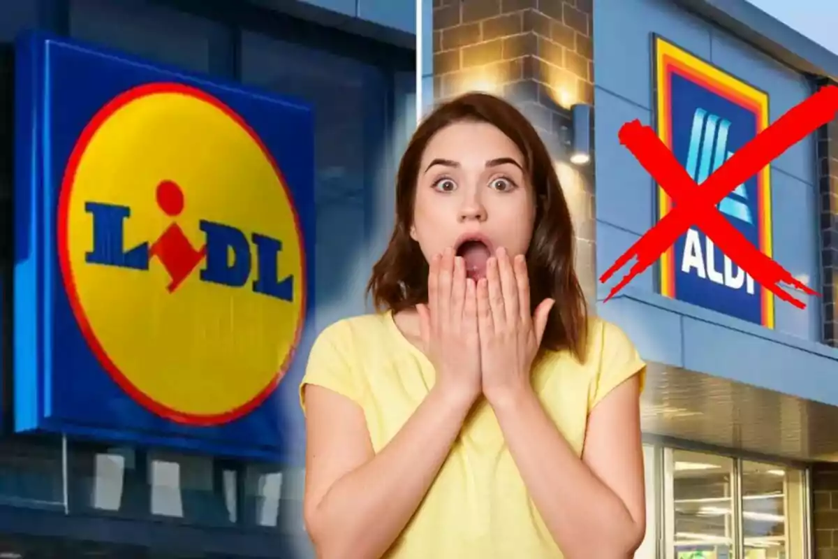 Surprised woman in front of the Lidl and Aldi signs, with a big red X over the Aldi logo.