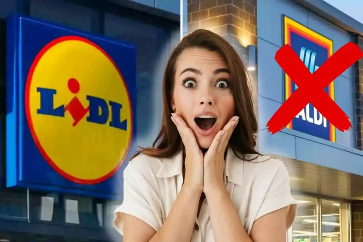 Una dona amb expressió de sorpresa apareix entre els rètols dels supermercats Lidl i Aldi, amb una gran creu vermella sobre el logotip d’Aldi.
