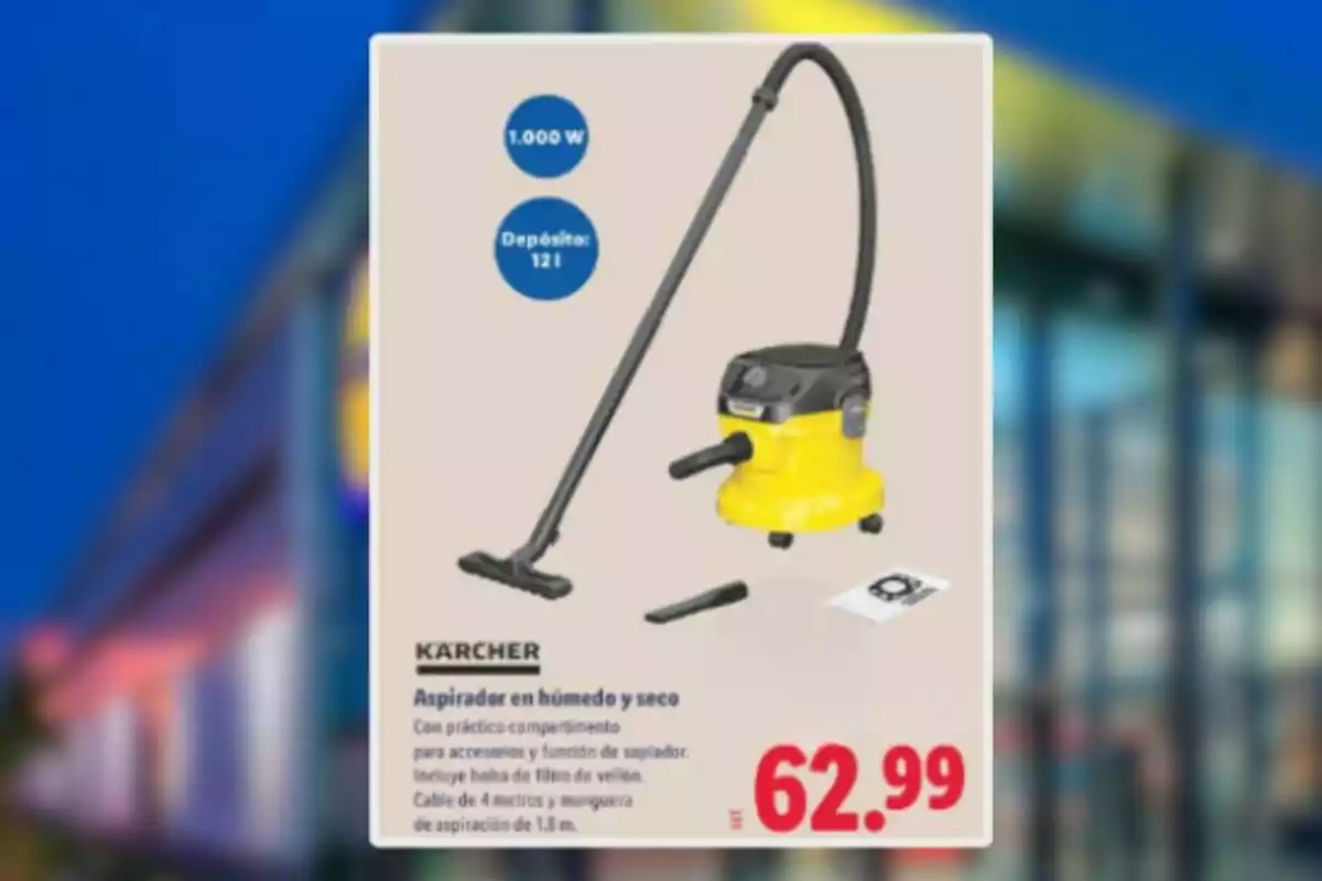 Aspiradora Karcher groga per a humit i sec amb accessoris i preu de 62,99 euros en un fulletó d’ofertes Aspiradora Karcher groga per a humit i sec amb accessoris i preu de 62,99 euros en un fulletó d’ofertes