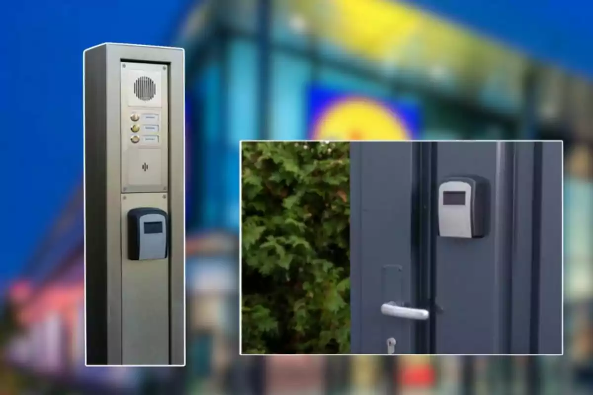 Two electronic access control devices installed outdoors, one on a metal post and the other on a blue door. Two electronic access control devices installed outdoors, one on a metal post and the other on a blue door.