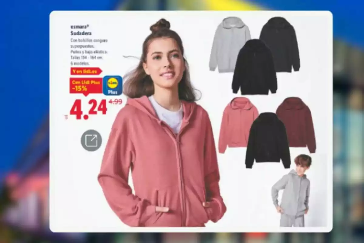 Publicidad de sudaderas con capucha en varios colores y modelos para jóvenes, con una modelo usando una sudadera rosa y el precio destacado en grande Publicidad de sudaderas con capucha en varios colores y modelos para jóvenes, con una modelo usando una sudadera rosa y el precio destacado en grande