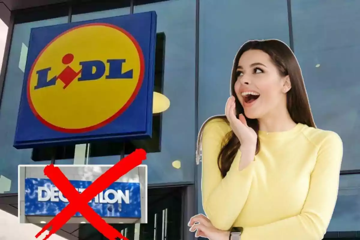 A smiling woman with a surprised expression stands in front of a Lidl sign while a Decathlon poster appears crossed out with a big red X.