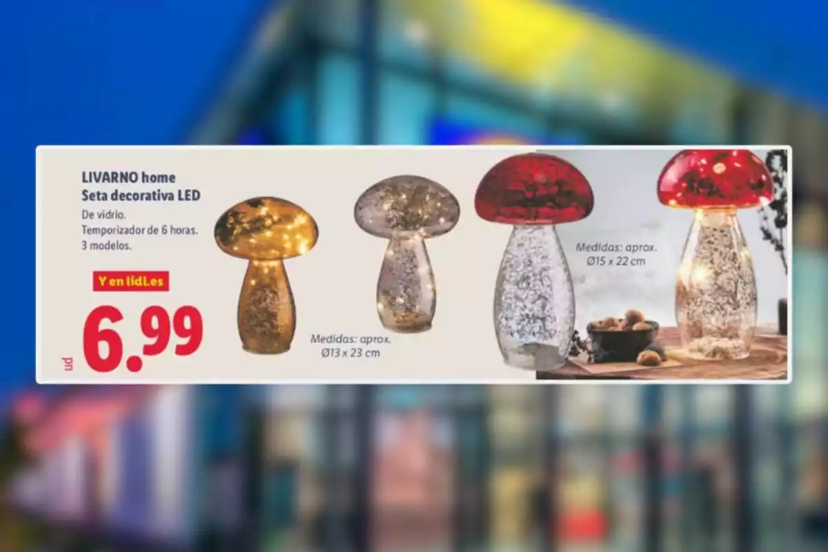 Publicitat de làmpades decoratives LED en forma de bolet de vidre de la marca LIVARNO home disponibles en tres models diferents i amb un preu de 6,99 euros Publicitat de làmpades decoratives LED en forma de bolet de vidre de la marca LIVARNO home disponibles en tres models diferents i amb un preu de 6,99 euros