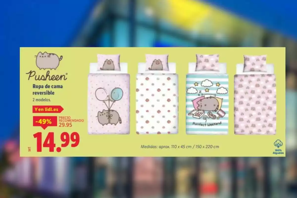 Promoción de ropa de cama reversible de Pusheen con dos modelos diferentes en colores pastel y diseños de la gatita, precio rebajado a 14.99 euros en Lidl, incluye medidas y material de algodón Promoción de ropa de cama reversible de Pusheen con dos modelos diferentes en colores pastel y diseños de la gatita, precio rebajado a 14.99 euros en Lidl, incluye medidas y material de algodón