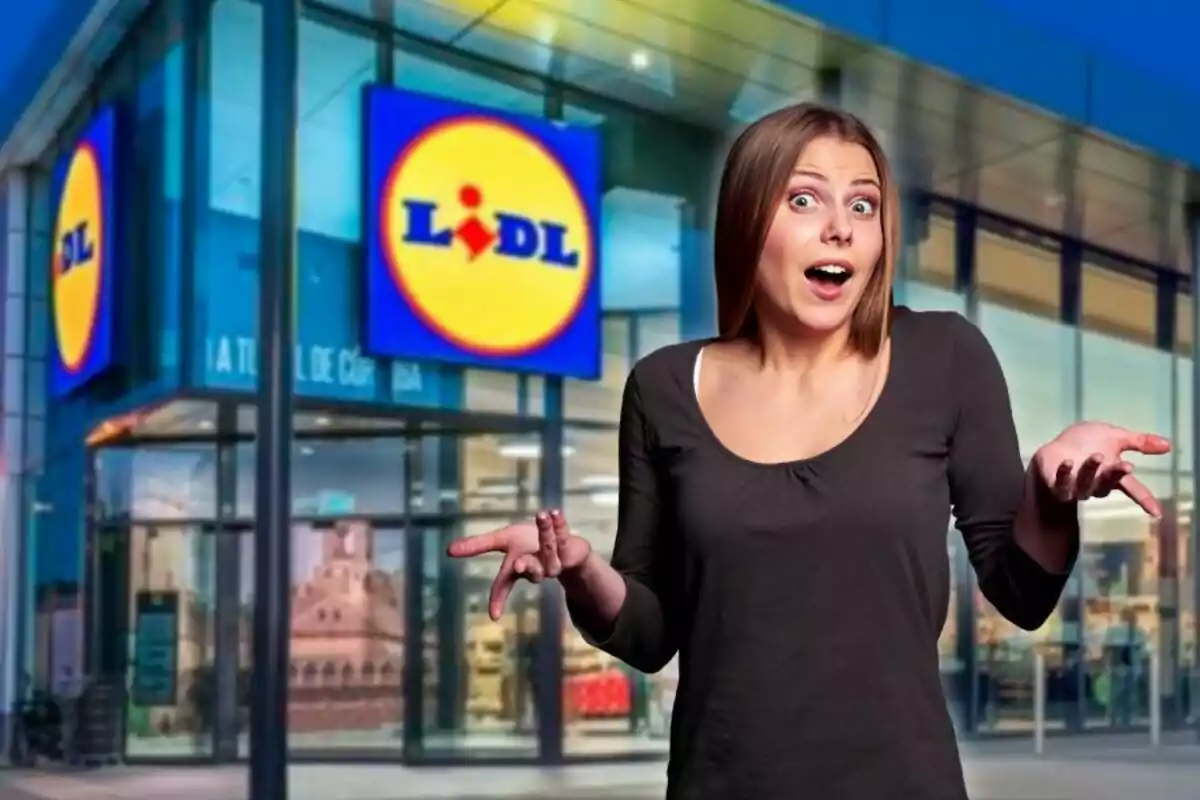 Woman with a surprised and confused expression in front of a Lidl store