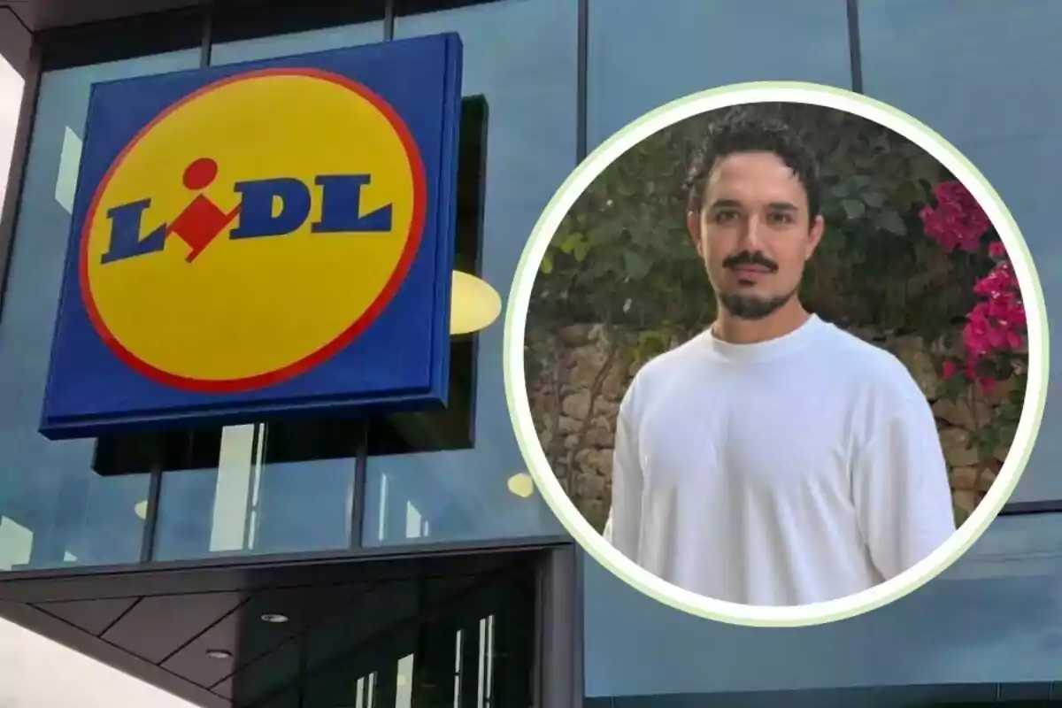 Fachada de una tienda Lidl con el logo visible y la imagen de un hombre con barba y camiseta blanca en un círculo superpuesto