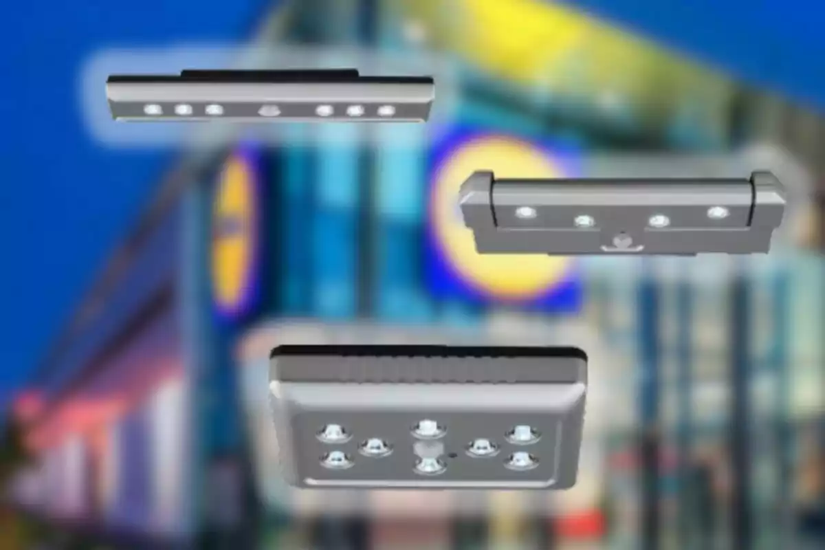 Tres lámparas LED flotan sobre un fondo borroso de un edificio moderno con colores azul y amarillo. Tres lámparas LED flotan sobre un fondo borroso de un edificio moderno con colores azul y amarillo.