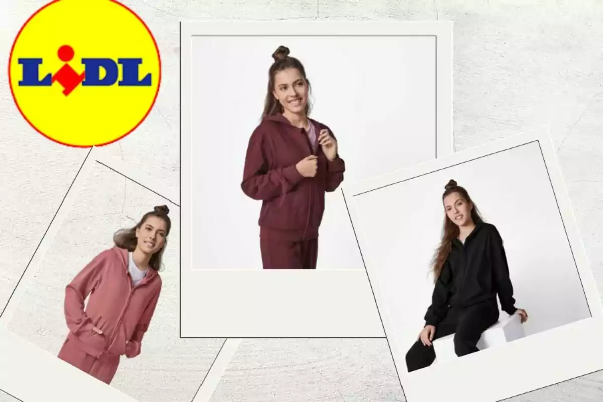 Mujer joven modelando conjuntos deportivos en diferentes colores junto al logo de Lidl Mujer joven modelando conjuntos deportivos en diferentes colores junto al logo de Lidl