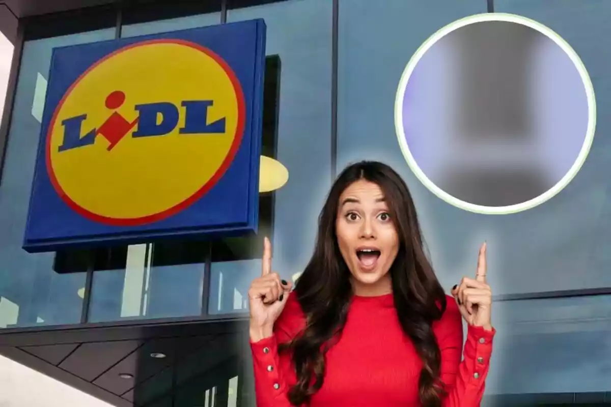 Dona sorpresa amb jersei vermell assenyalant cap amunt davant d’una botiga Lidl amb un cercle difuminat a la cantonada superior dreta