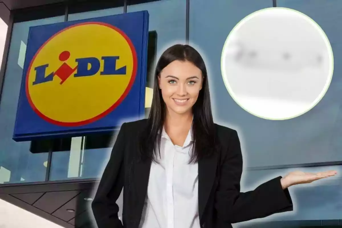 Young woman in formal attire smiling and pointing with her hand toward the Lidl store logo in the background