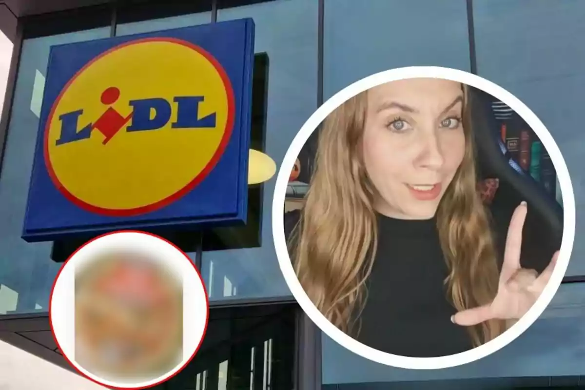 Lidl logo on the storefront with the face of a blonde woman pointing and a blurred product in a red circle
