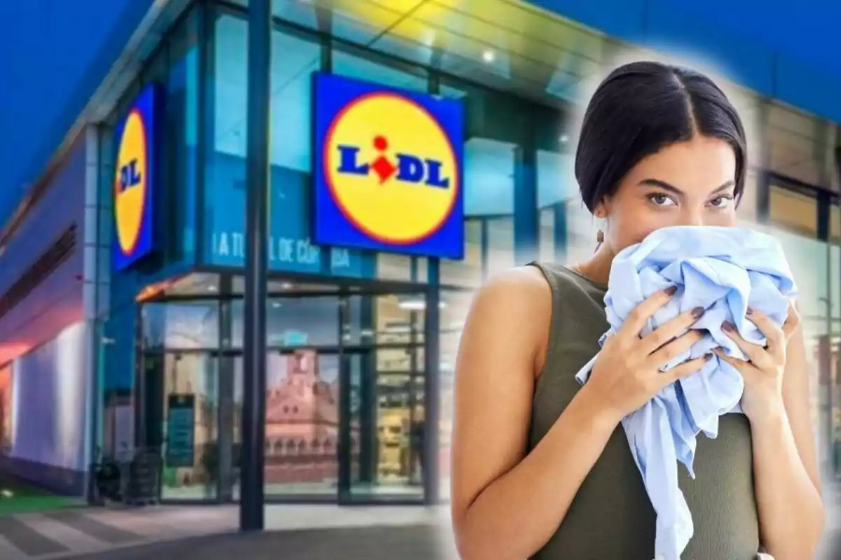 Woman holding and smelling a piece of clothing in front of the entrance to a Lidl supermarket
