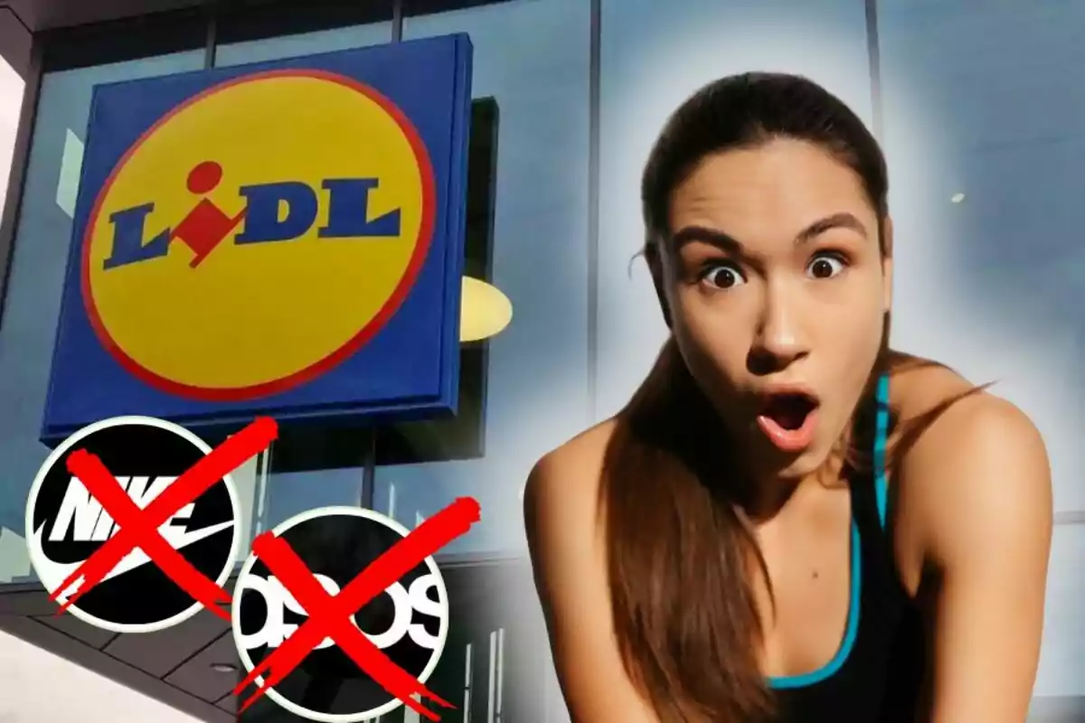 Una dona amb expressió de sorpresa davant d’un rètol de Lidl, amb els logotips de Nike i Asos ratllats en vermell.