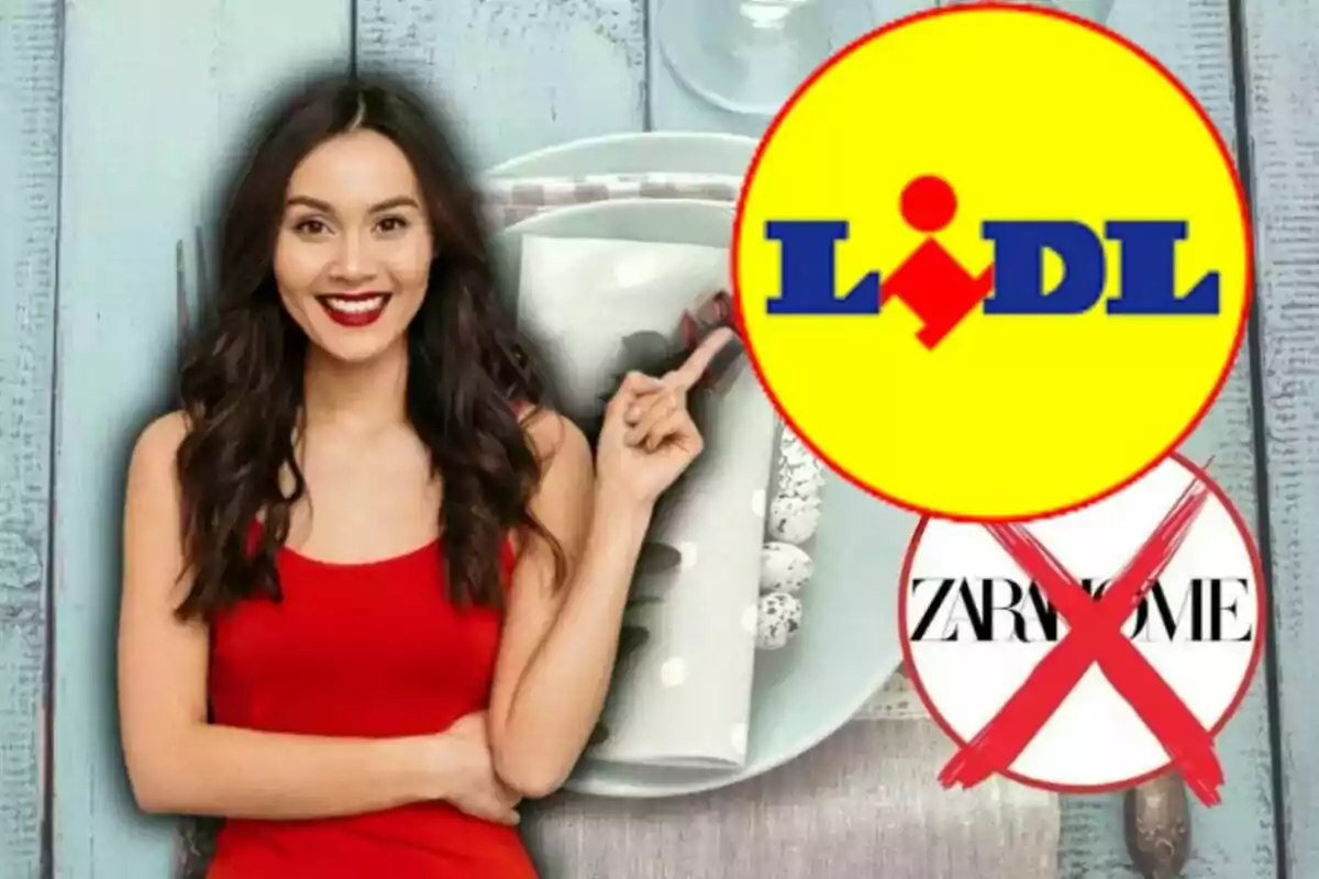 Dona somrient amb vestit vermell assenyalant cap al logotip de Lidl mentre el logotip de Zara Home apareix ratllat