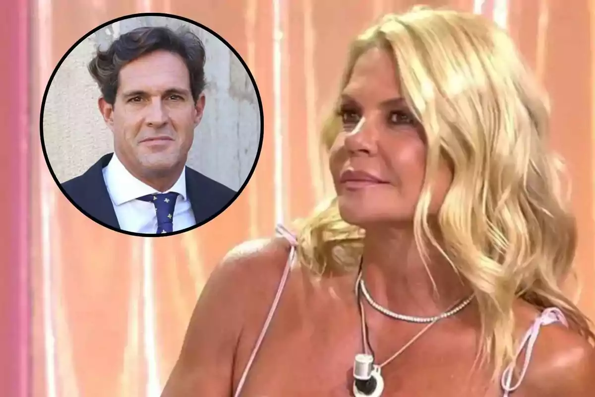 Makoke con vestido claro y collar sentada en un plató de televisión con la imagen de Gonzalo en un círculo en la esquina superior izquierda