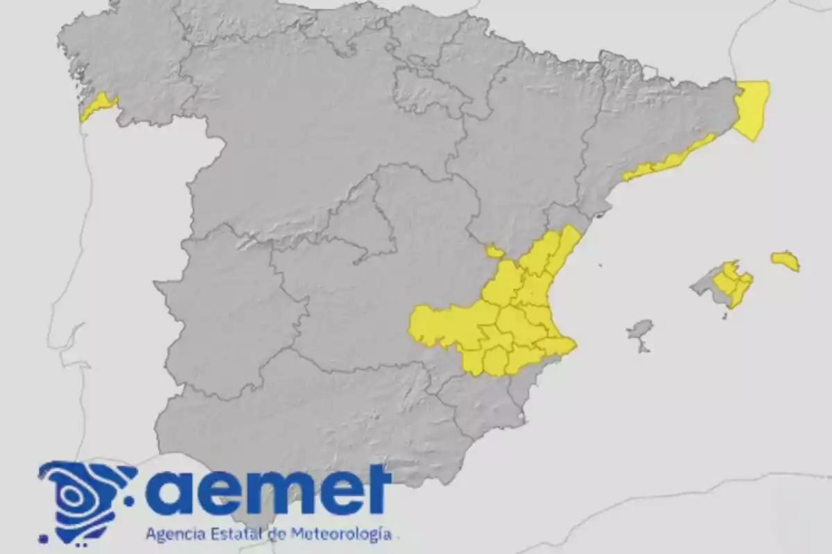 Mapa d’Espanya amb diverses zones ressaltades en groc i el logotip d’AEMET a la cantonada inferior esquerra Mapa d’Espanya amb diverses zones ressaltades en groc i el logotip d’AEMET a la cantonada inferior esquerra