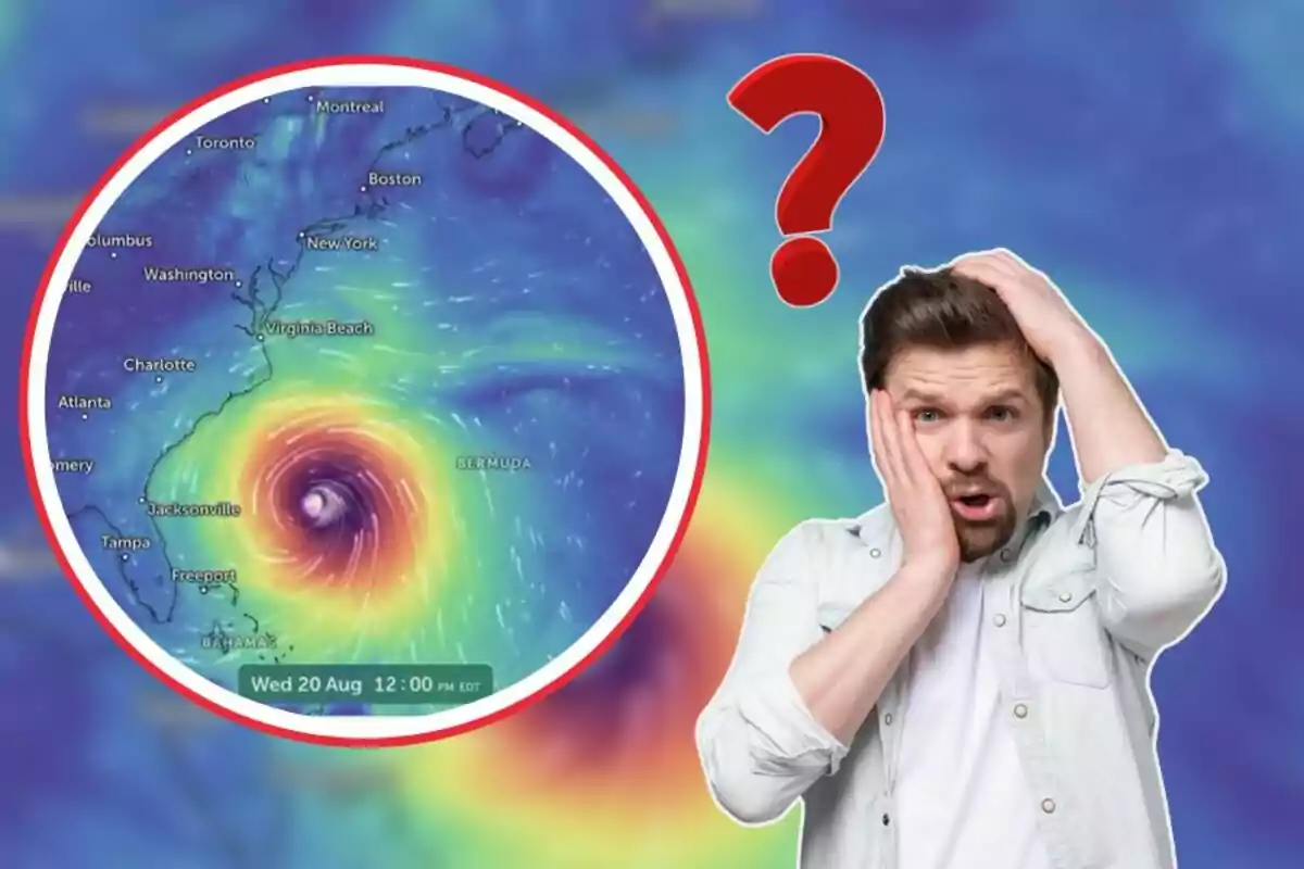 Home sorprès al costat d’un mapa meteorològic d’un huracà i un signe d’interrogació vermell