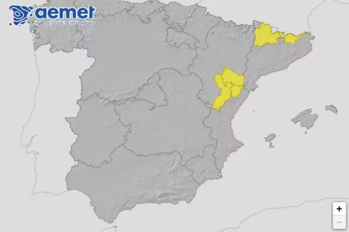 Mapa d’Espanya amb algunes províncies del nord-est i de l’est ressaltades en groc indicant una alerta meteorològica Mapa d’Espanya amb algunes províncies del nord-est i de l’est ressaltades en groc indicant una alerta meteorològica