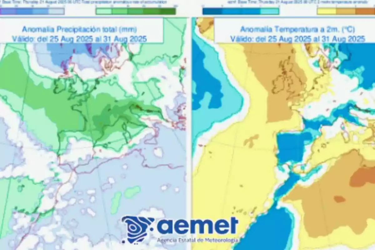 Mapa doble d’Europa i el nord d’Àfrica que mostra anomalies de precipitació i temperatura per a finals d’agost de 2025, amb el logotip d’AEMET a la part inferior. Mapa doble d’Europa i el nord d’Àfrica que mostra anomalies de precipitació i temperatura per a finals d’agost de 2025, amb el logotip d’AEMET a la part inferior.