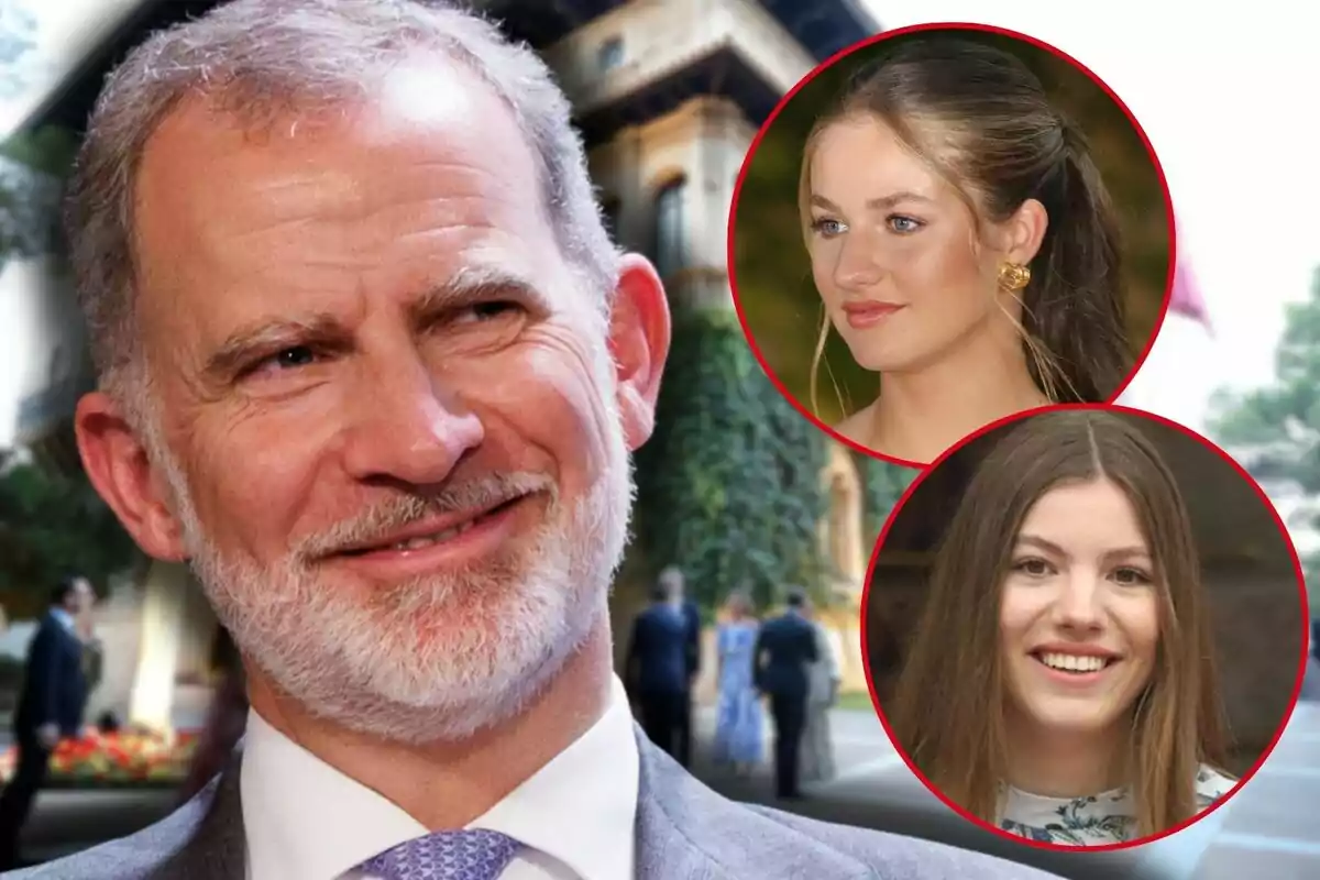 Felip VI somrient en primer pla amb la princesa Leonor i la infanta Sofia en cercles vermells sobre un fons d’edifici i jardí desenfocat