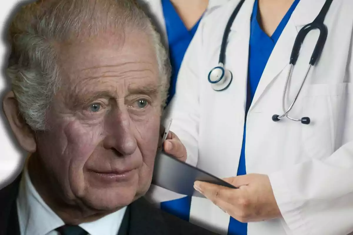 Charles III with a serious expression in front of a person wearing a doctor's coat and a stethoscope