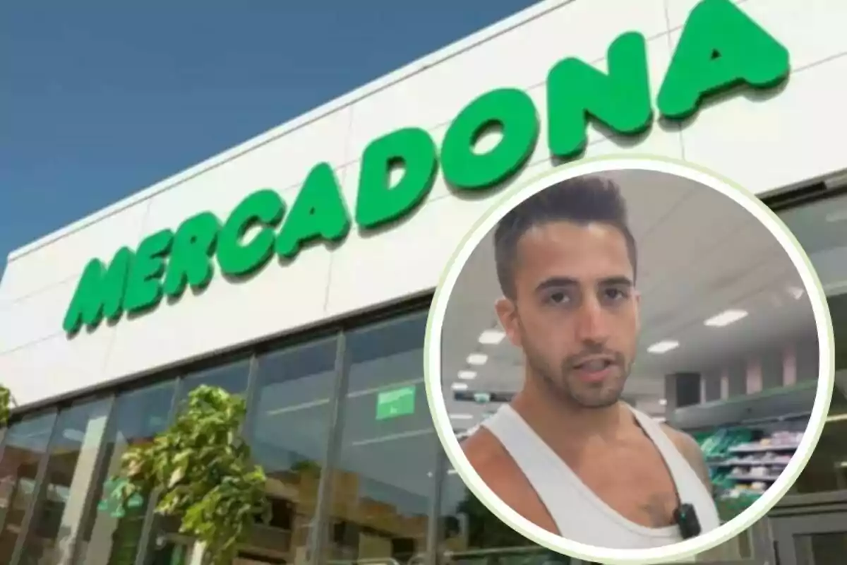 Façana d’un supermercat Mercadona amb el logotip en gran i la imatge d’un home jove en primer pla dins de la botiga