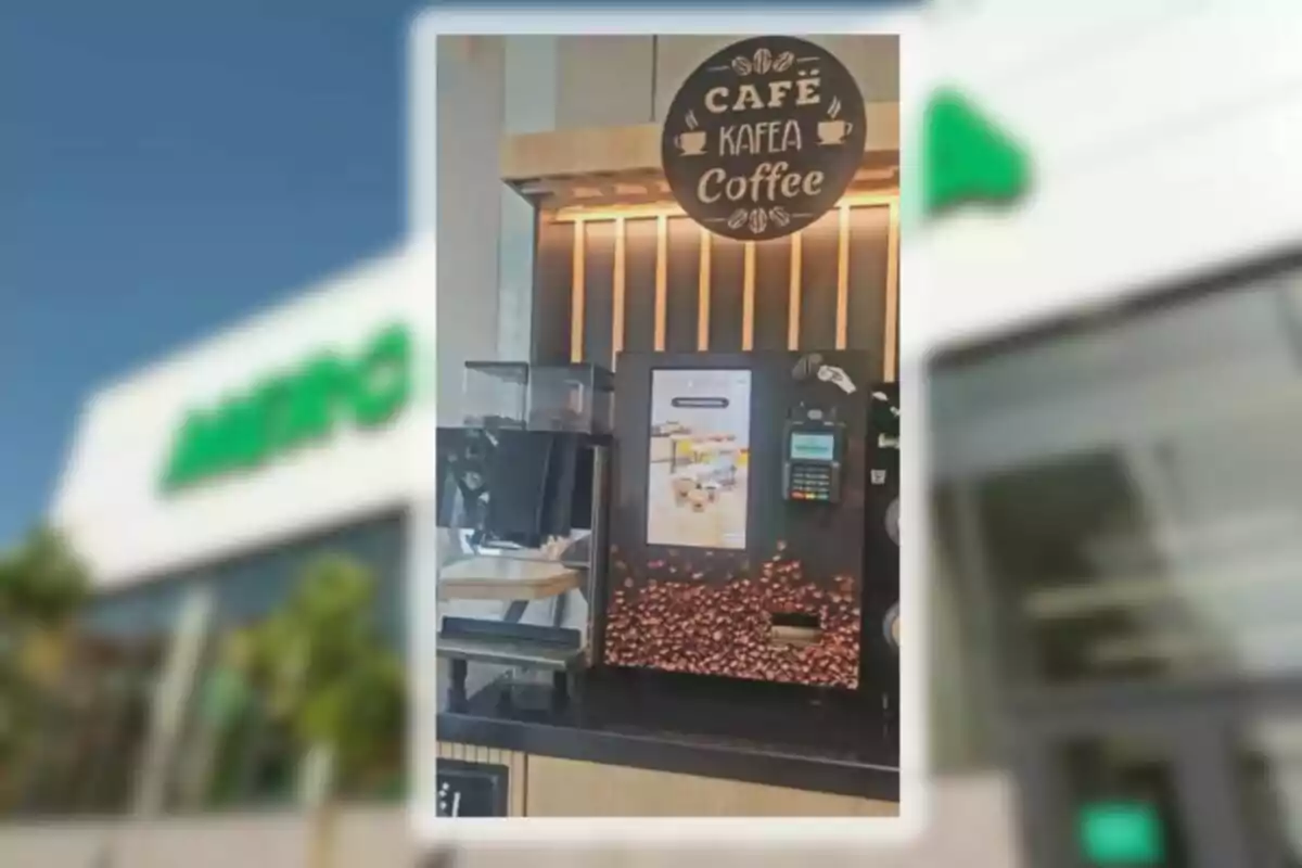 Màquina expenedora de cafè amb pantalla tàctil i rètol decoratiu en una botiga Màquina expenedora de cafè amb pantalla tàctil i rètol decoratiu en una botiga