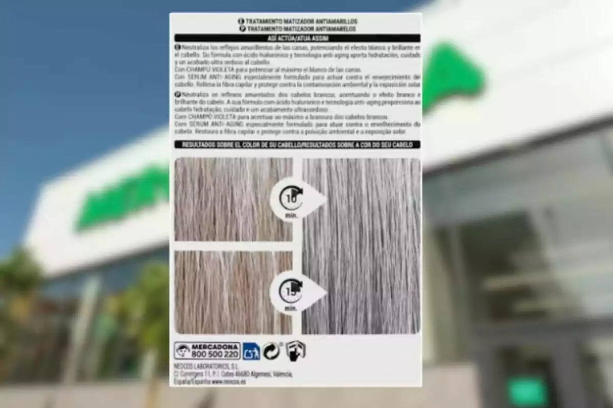 Envase de un tratamiento matizador para cabello canoso con instrucciones y resultados visuales del producto tras 10 y 15 minutos de aplicación, sobre un fondo desenfocado de una tienda Mercadona. Envase de un tratamiento matizador para cabello canoso con instrucciones y resultados visuales del producto tras 10 y 15 minutos de aplicación, sobre un fondo desenfocado de una tienda Mercadona.