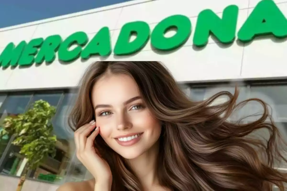 Una mujer sonriente con cabello largo y suelto frente a la fachada de un supermercado Mercadona