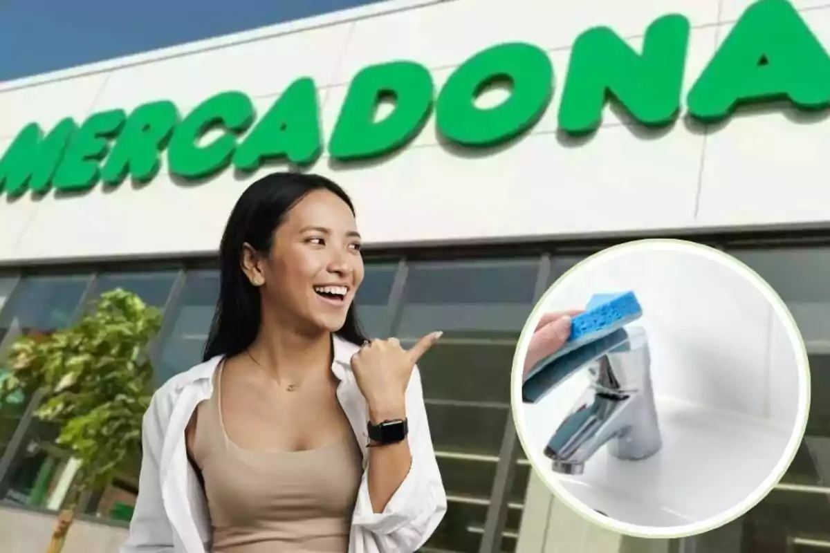Una mujer sonriente señala hacia el letrero de Mercadona y en la esquina hay un recuadro con una mano limpiando un grifo con una esponja azul