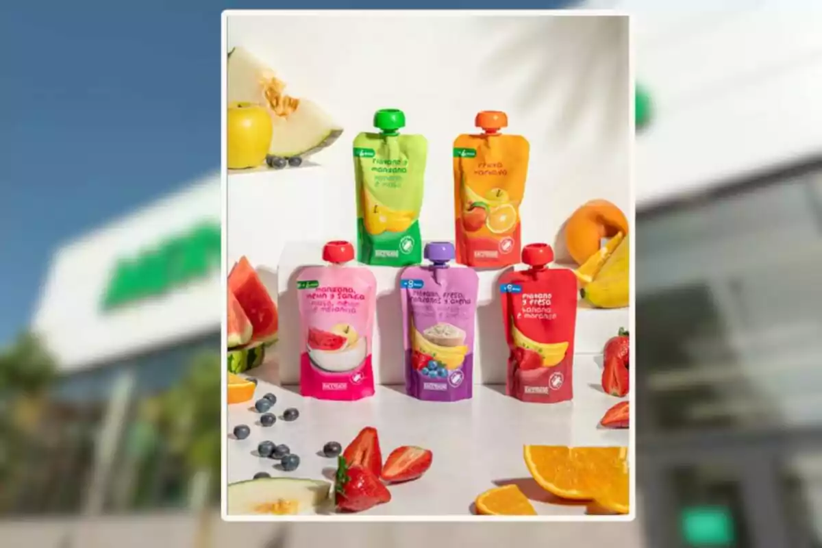 Sis envasos de puré de fruites per a nadons de diferents sabors i colors envoltats de fruites fresques com maduixa, taronja, plàtan, meló, poma, nabius i síndria sobre una superfície blanca. Sis envasos de puré de fruites per a nadons de diferents sabors i colors envoltats de fruites fresques com maduixa, taronja, plàtan, meló, poma, nabius i síndria sobre una superfície blanca.