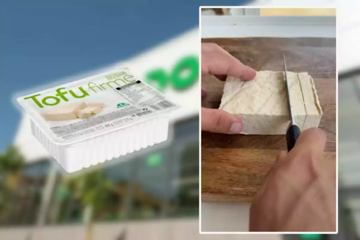 Envàs de tofu ferm i una persona tallant un bloc de tofu sobre una taula de fusta Envàs de tofu ferm i una persona tallant un bloc de tofu sobre una taula de fusta