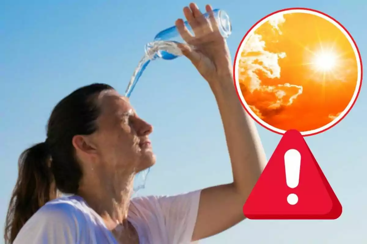 Mujer refrescándose con agua bajo el sol intenso con un símbolo de advertencia y una imagen de calor extremo