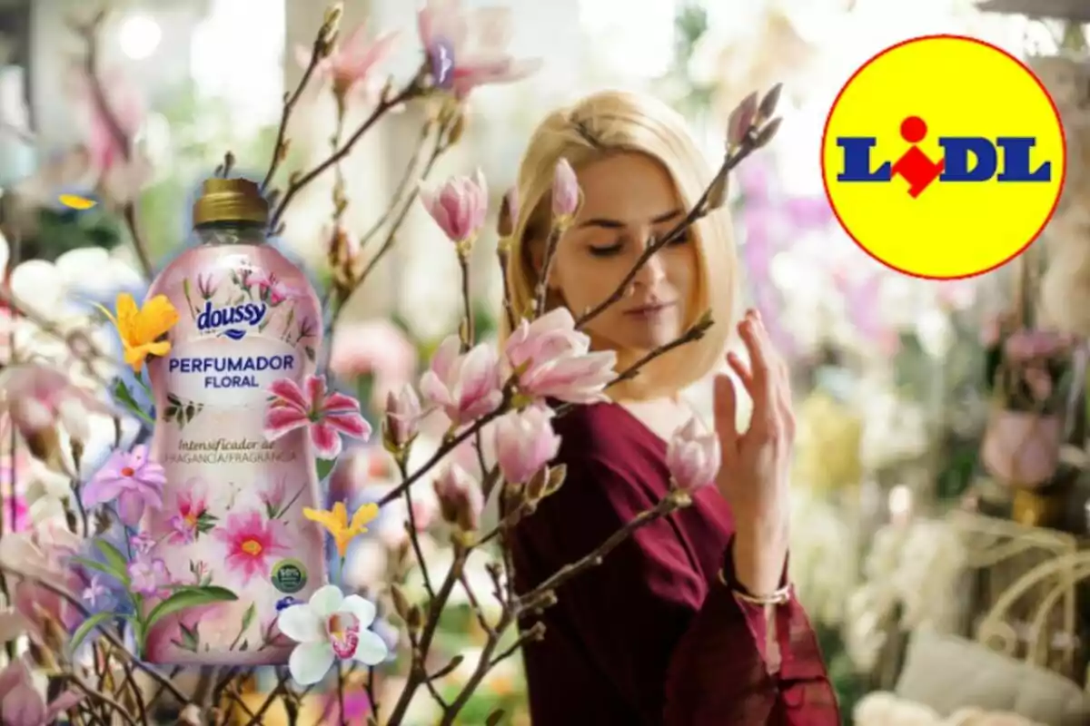 Blonde woman surrounded by pink flowers enjoying the scent, with a Doussy floral air freshener in the foreground and the Lidl logo in the top right corner Blonde woman surrounded by pink flowers enjoying the scent, with a Doussy floral air freshener in the foreground and the Lidl logo in the top right corner