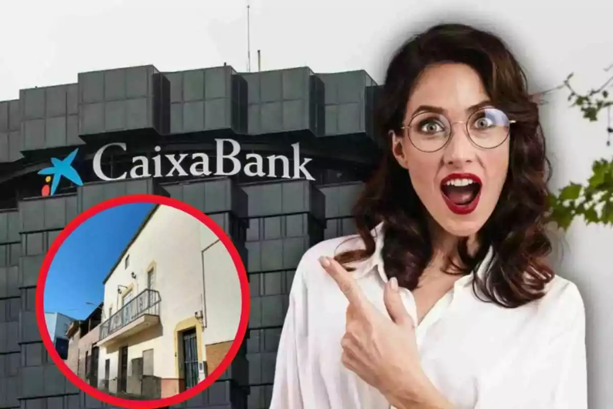 Dona sorpresa assenyalant una casa dins d’un cercle vermell amb l’edifici de CaixaBank de fons