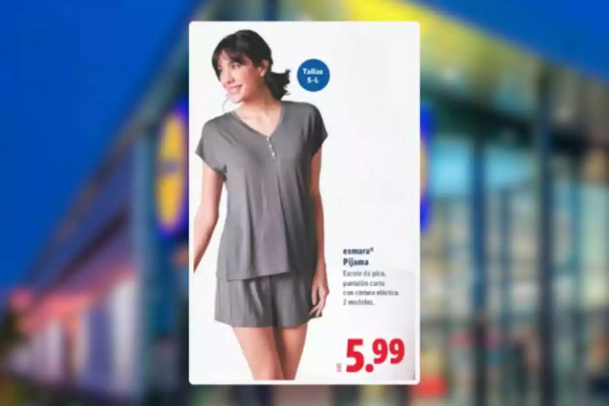 Dona amb un pijama gris de dues peces amb samarreta de màniga curta i pantaló curt, anunci d’oferta amb preu de 5,99 euros Dona amb un pijama gris de dues peces amb samarreta de màniga curta i pantaló curt, anunci d’oferta amb preu de 5,99 euros