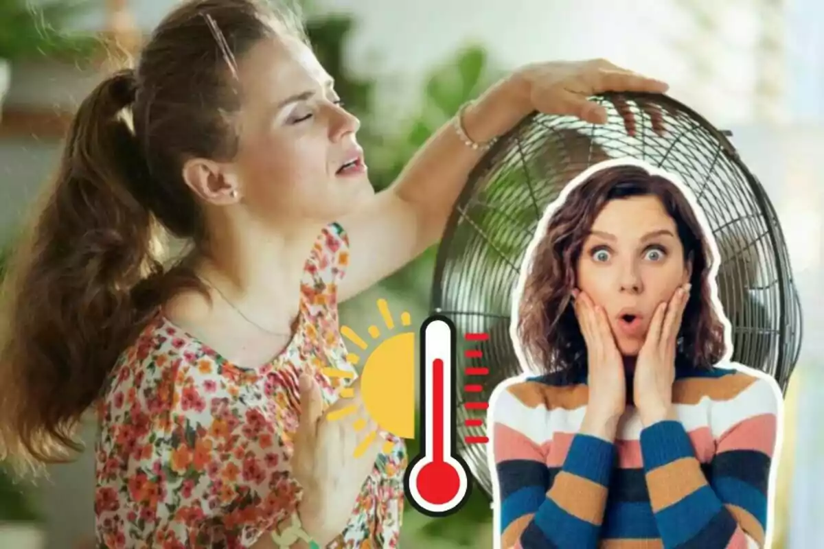 Mujer con expresión de calor frente a un ventilador, acompañada de un gráfico de termómetro alto y otra mujer sorprendida