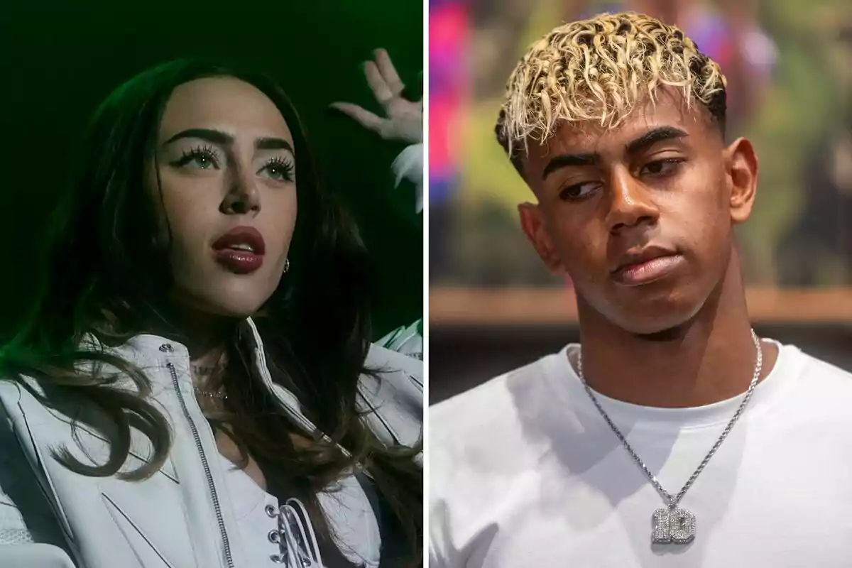 Nicki Nicole and Lamine Yamal, a woman in a white jacket and a man in a white t-jersey and necklace, appear in a split image. Nicki Nicole and Lamine Yamal, a woman in a white jacket and a man in a white t-jersey and necklace, appear in a split image.