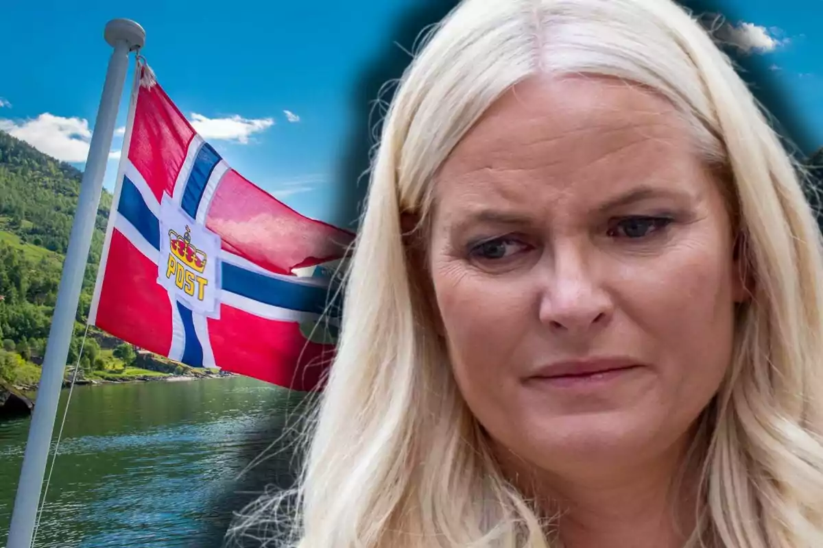 Mette-Marit with a serious expression in the foreground, with a Norwegian flag waving in the background next to a landscape of a lake and mountains.