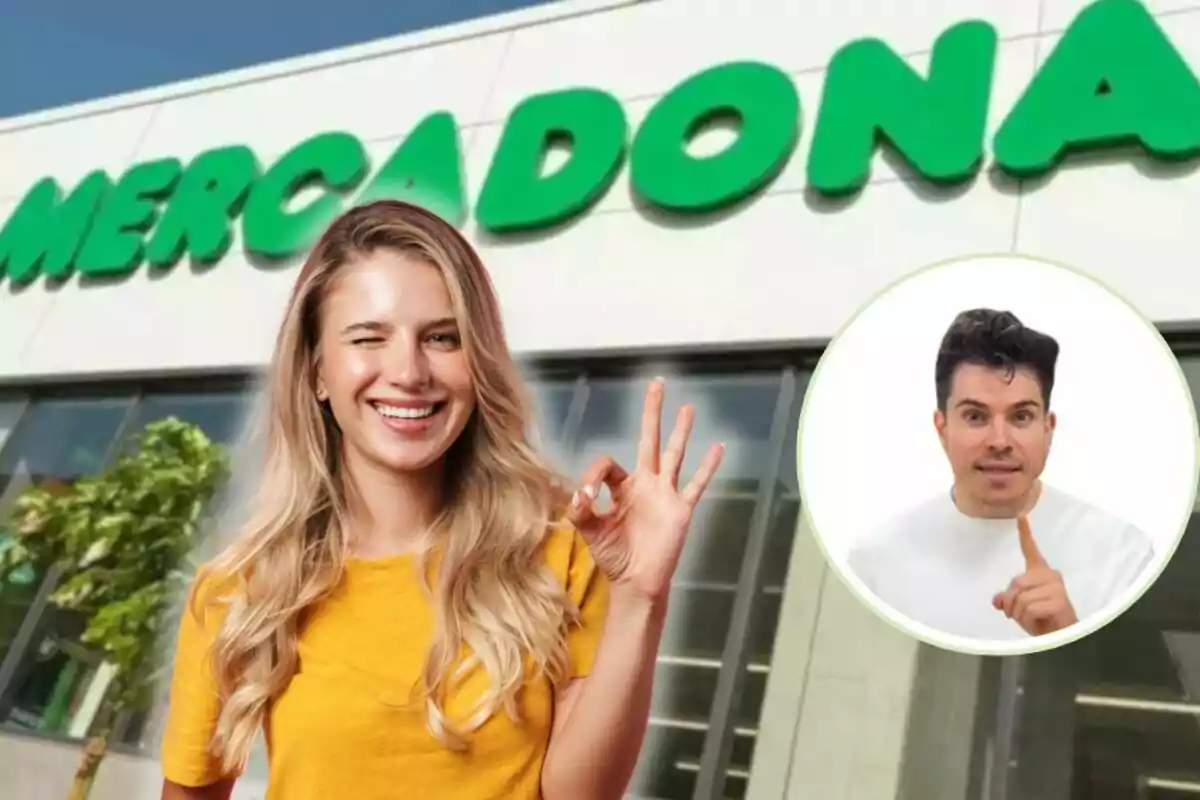 Una mujer sonriente hace un gesto de ok frente a un supermercado Mercadona y en la esquina aparece un hombre señalando con el dedo índice.
