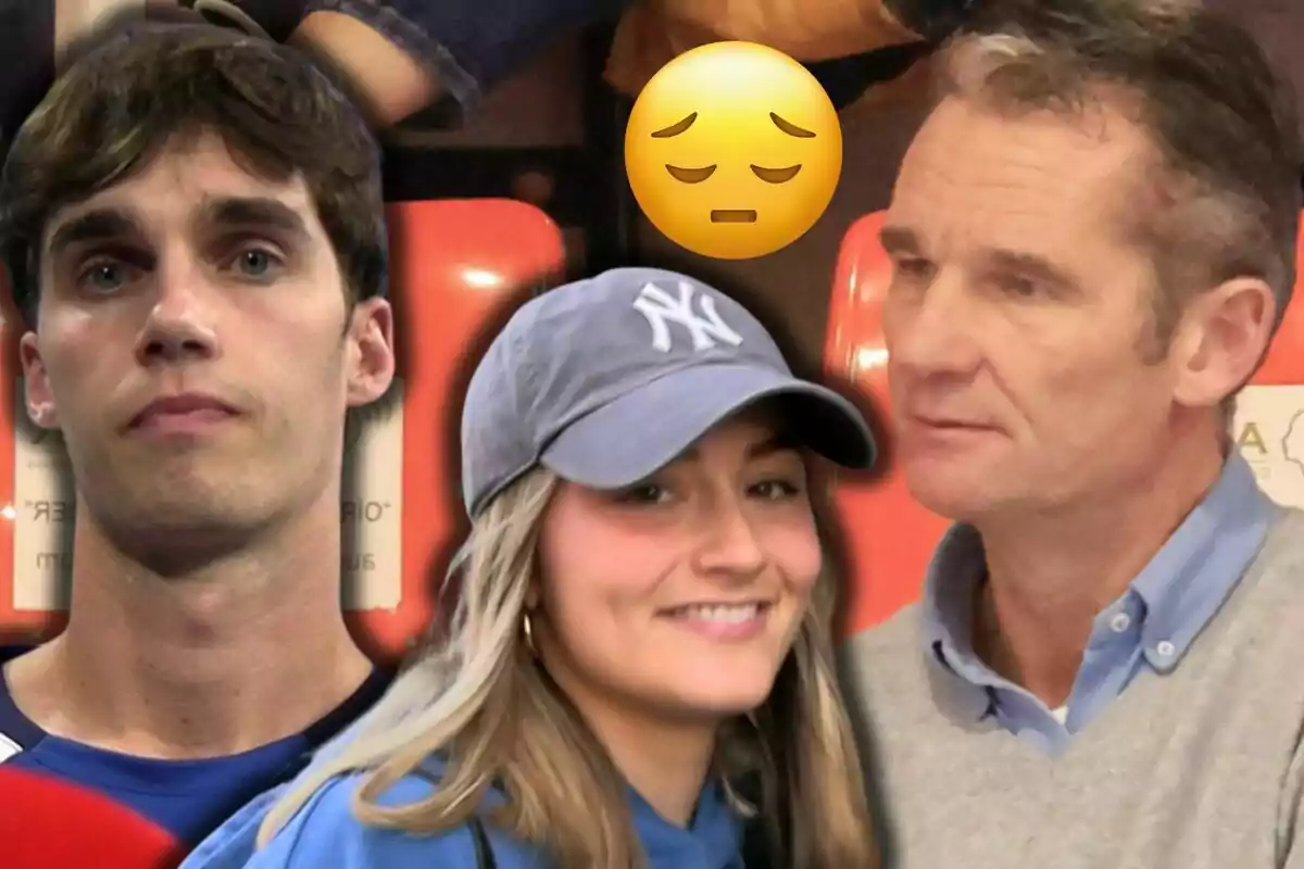 Pablo Urdangarin, Johanna Zott, and Iñaki Urdangarin in the foreground with a sad face emoji over them and orange seats in the background